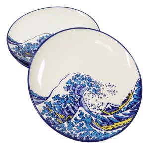 Set Of 4 Hokusai The Great Wave Of Kanagawa Mount Fuji 11"D Round Dinner Plates