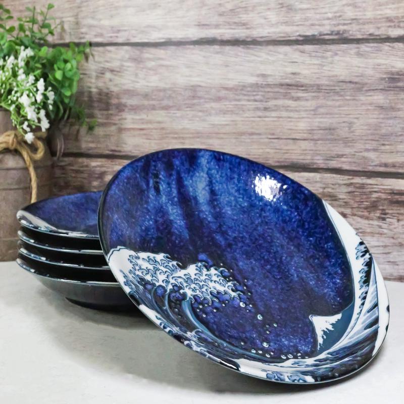 Set Of 5 Hokusai The Great Wave Of Kanagawa Mount Fuji 10"D Round Dinner Plates