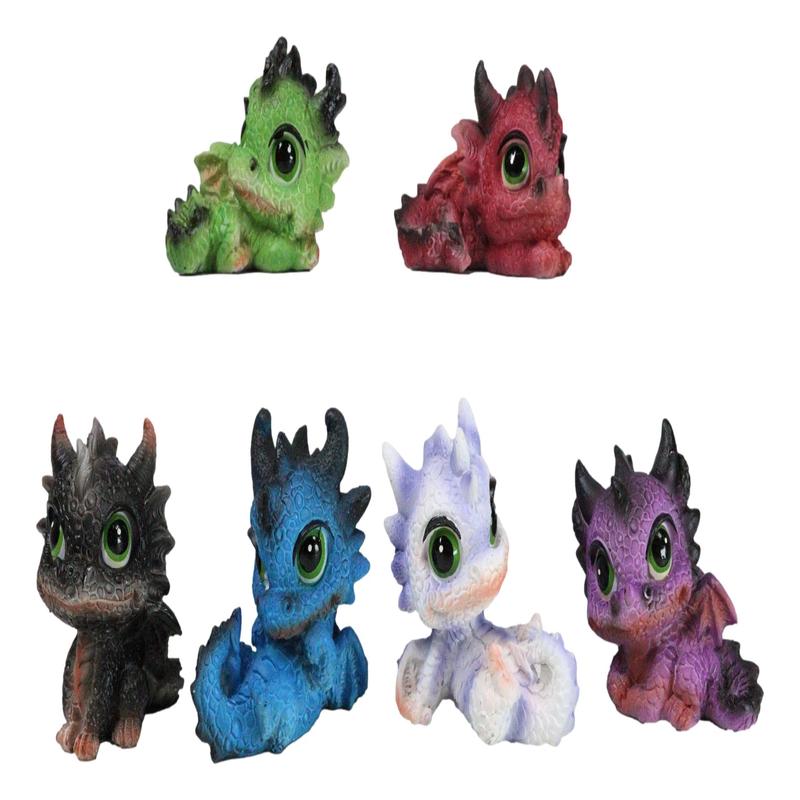 Set of 6 Fantasy Whimsical Colorful Hatchling Baby Dragons Mini Figurines