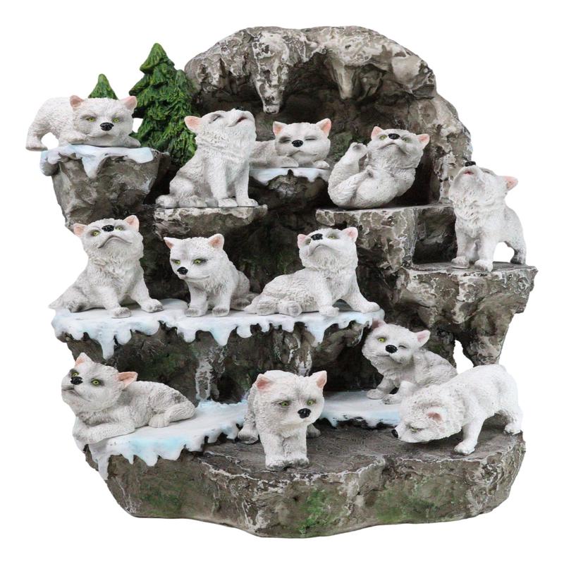 Snow Capped Wolf Den Rocky Cave Lair With Pine Trees LED Display Stand Sculpture