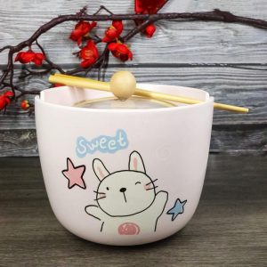 Whimsical Anime Sweet Rabbit Donburi Ramen Soup Bowl With Chopsticks And Lid