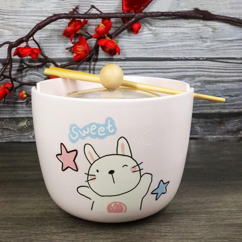 Whimsical Anime Sweet Rabbit Donburi Ramen Soup Bowl With Chopsticks And Lid