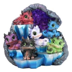 Whimsical Baby Dragons Mini Figurines With LED Faux Geode Crystal Display Set