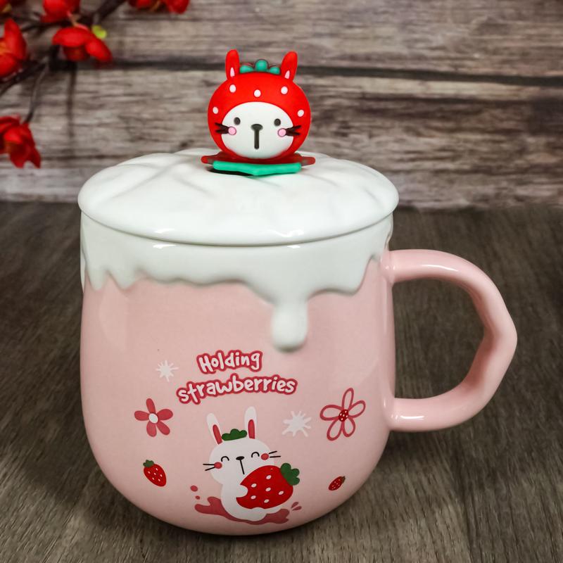 Whimsical Bunny Rabbit Hiding Strawberries Ceramic Mug Cup With Lid And Spoon