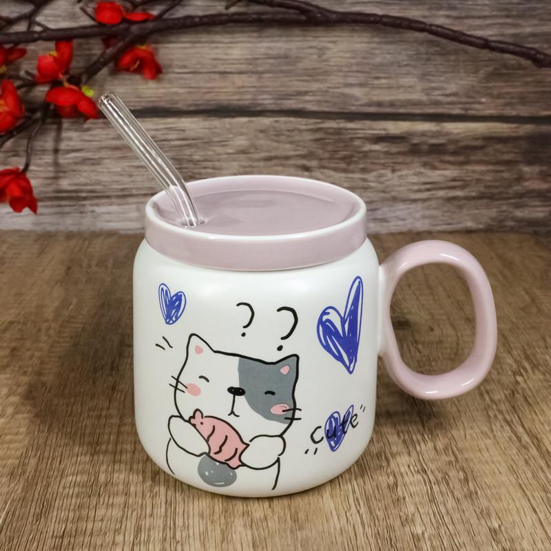 Whimsical Cat Holding Taiyaki Fish 16oz Ceramic Mug Cup With Lid And Glass Straw