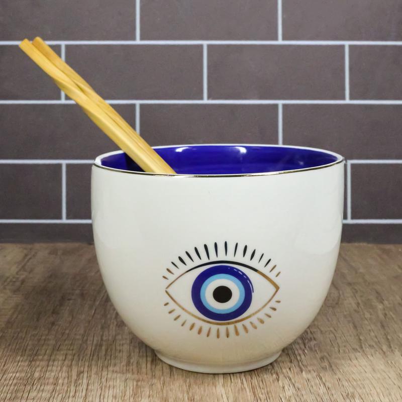 White And Gold Wicca Mystic Evil Eye Of Providence Soup Bowl With Chopsticks