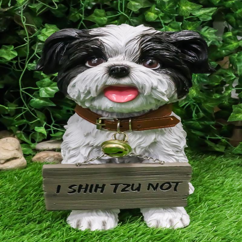 Ebros- Small But Sassy - Adorable Black & White Shih Tzu Puppy Dog Sitting Figure with Reversible Welcome Sign Home Accent Patio Sculpture Garden Dcor, 11-inch