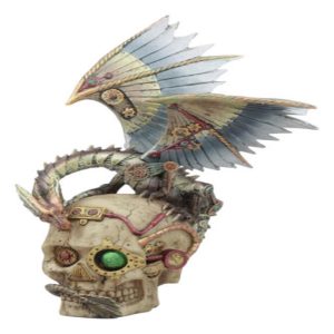 Ebros Steampunk Robotic Dragon Perching On Cyborg Terminator Skull Statue 12" Tall Victorian Sci Fi Legendary Dragon Collectible