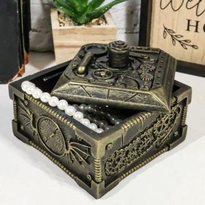 Ebros Steampunk Time Machine Mechanical Gears Design Lidded Jewelry Box Figurine