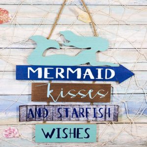 Ebros Teal Mermaid Wall Decor Sign Mermaid Kisses & Starfish Wishes Plaque 13"H