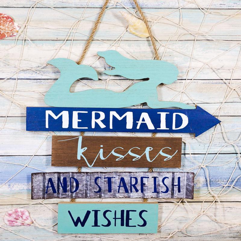 Ebros Teal Mermaid Wall Decor Sign Mermaid Kisses & Starfish Wishes Plaque 13"H