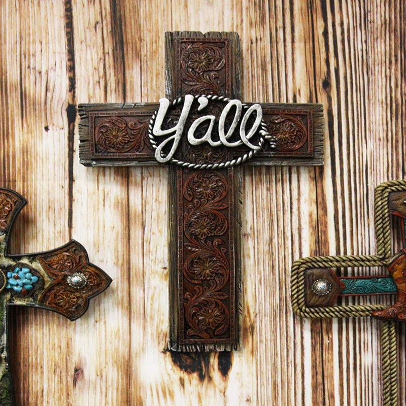 Ebros Tooled Red Floral Vines Design Southwestern Yall Wall Cross Decor 13.5" H