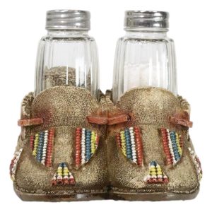 Rustic Tribal Native Indian Moccasin Shoe Shaped Salt And Pepper Shakers Holder