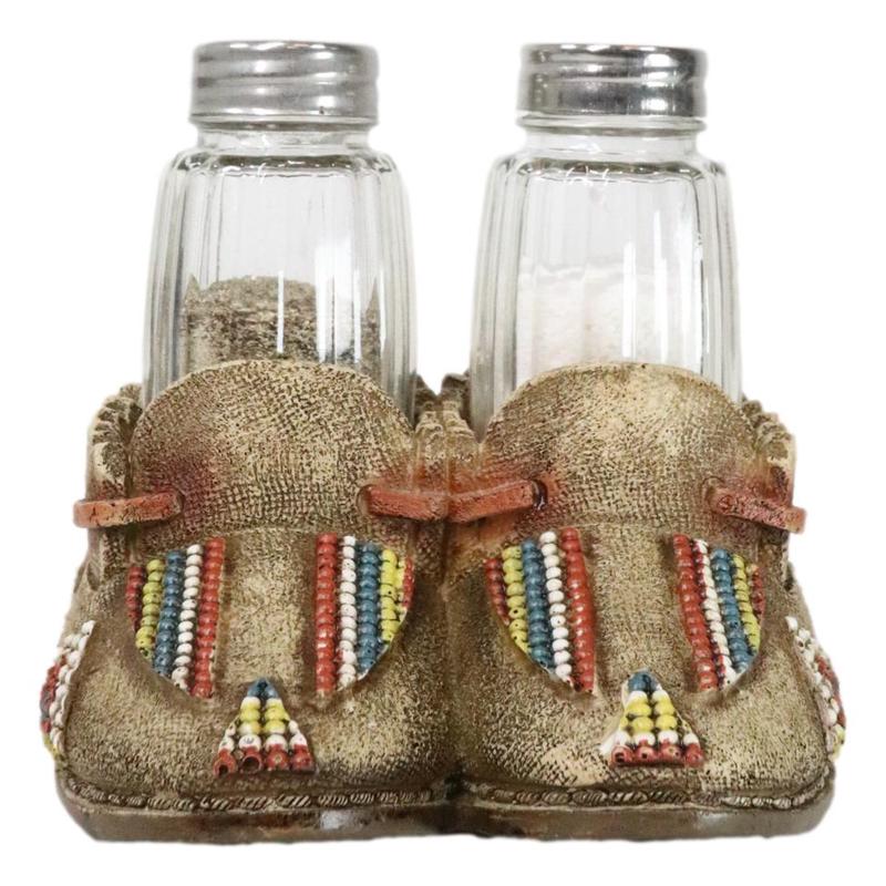 Rustic Tribal Native Indian Moccasin Shoe Shaped Salt And Pepper Shakers Holder