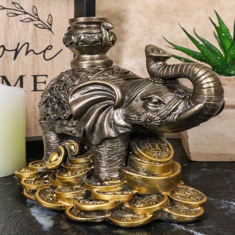 Ebros Feng Shui Auspicious Elephant With Trunk Up Standing On Gold Ingot Coins Statue