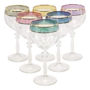 Ebros Italian Colorful Victorian Floral Rim Wine Glasses Set Of 6 With Gold Accents
