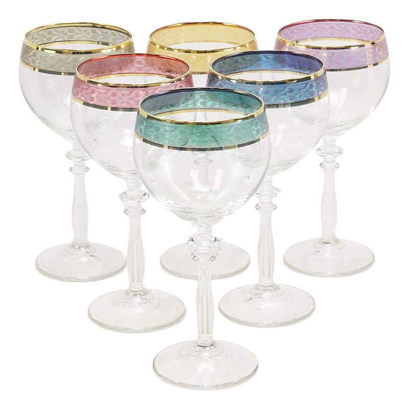 Ebros Italian Colorful Victorian Floral Rim Wine Glasses Set Of 6 With Gold Accents