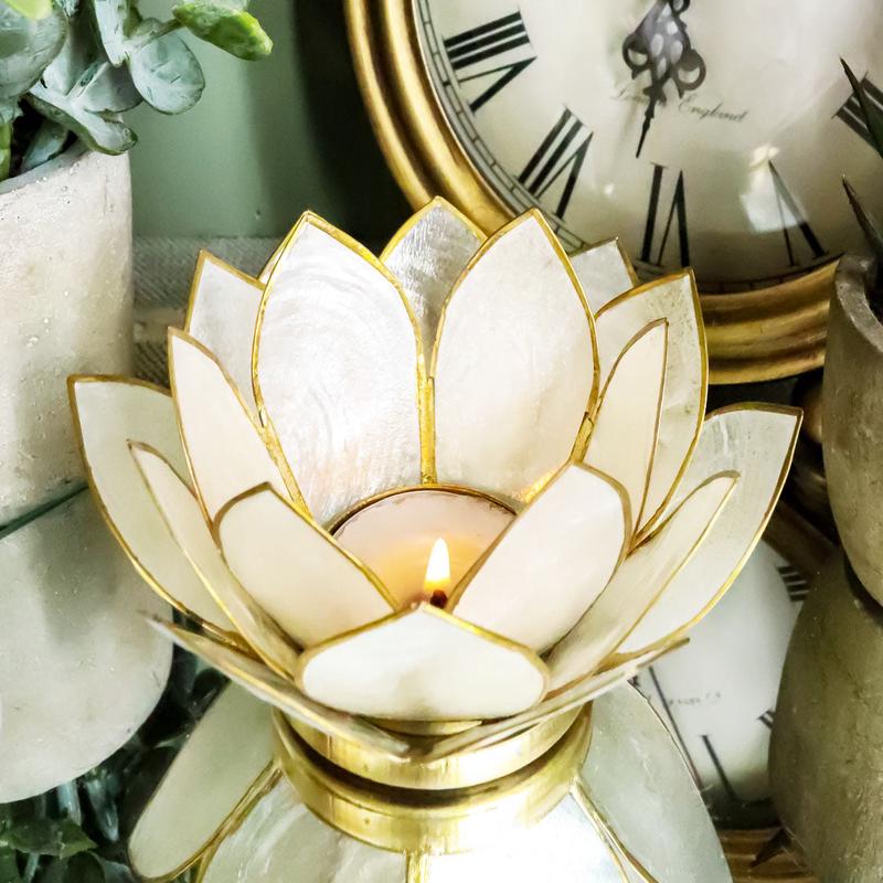 Ebros Seashells Lotus Flower Votive Tea Light Candle Holder 4.25"D (Pearl White)