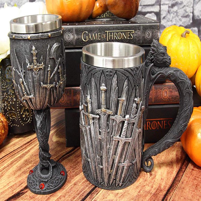 Ebros Set of 2 Medieval Valyrian Steel Swords Wine Goblet And Dragon Iron Throne Mug