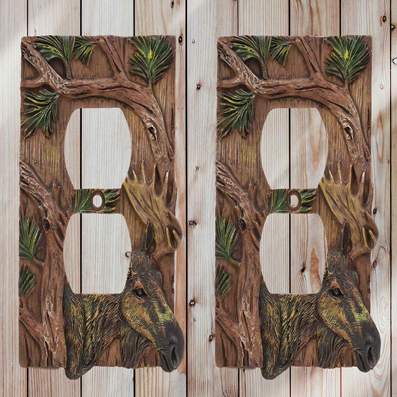 Ebros Set of 2 Novelty Woodland Rustic Forest Stag Elk Moose By Pine Boughs Wall Electrical Cover Plate Accent 3D Hand Painted Deer Antlers Western Home Decor (Double Receptacle Outlet)