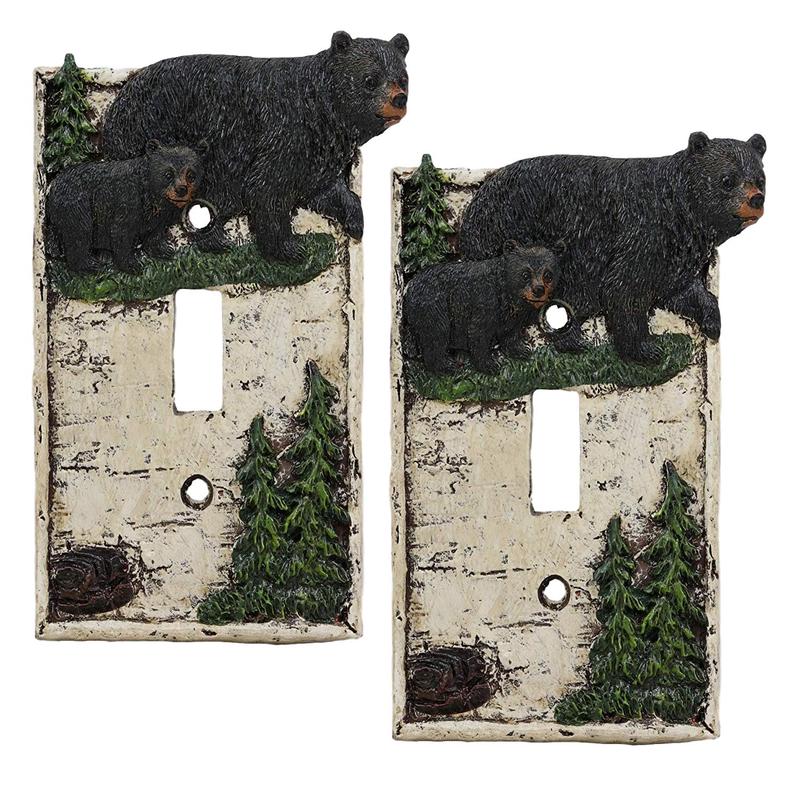 Ebros Set of 2 Rustic Pine Trees Black Mother Bear & Cub Wall Light Cover Plate