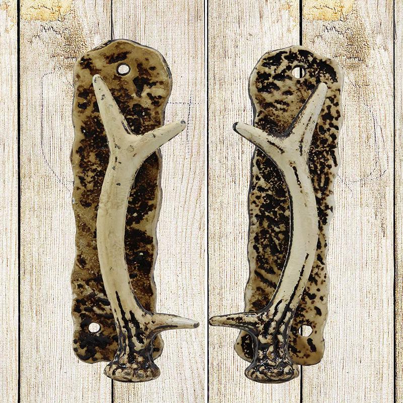 Ebros Set of 2 Western Rustic Deer Antlers Door Pull Handle Hardware Pack of 2 Left and Right Sides Decorative Accent 8" High for Barn Doors Entrance Main Cabin Lodge Country Home Antler Accent