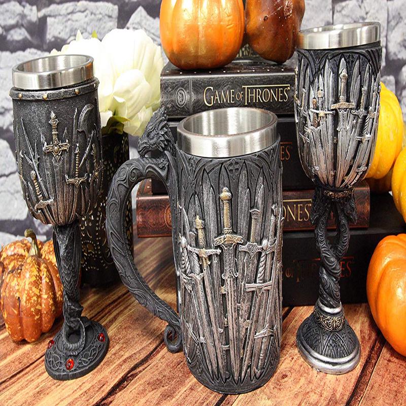 Ebros Set of 3 Valyrian Steel Blade Swords And Armory & Double Dragon Goblet Mug