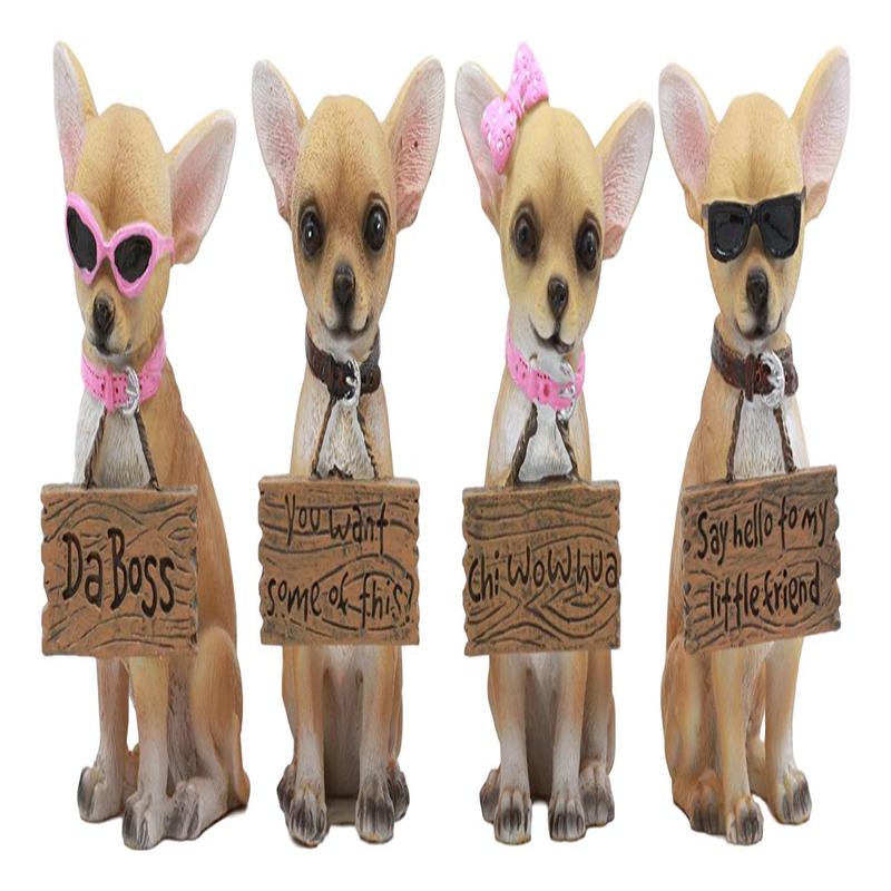 Ebros Set of 4 Adorable Tea Cup Chihuahua Dog Holding Humorous Signs Small Figurines 4.25"Tall