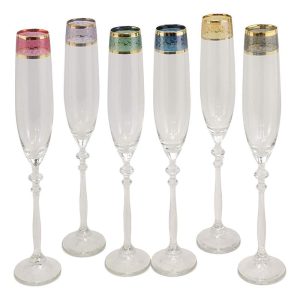 Ebros Set of 6 Colorful Victorian Floral Italian Import Champagne Or Sparkling Wine Flute Glasses With Gold Plated Border Accent & Stylized Stem Base 6oz Bartending Glassware