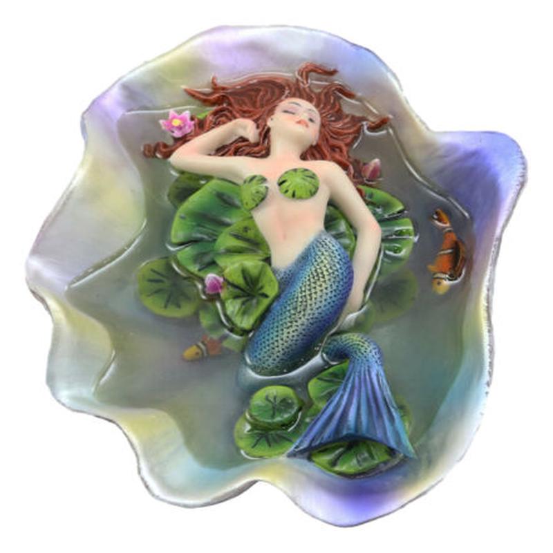 Ebros Sheila Wolk Elan Vital Sculpture Red Haired Mermaid Sleeping On Water Lilies With Koi Fishes In A Giant Clam Shell Pond Figurine Fantasy Mermaids Pirates Sirens Decor Statue 6.75"Long