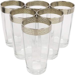 Ebros Silver Accented Meander Greek Fret Key Rim 16oz Highball Glass Set of 6