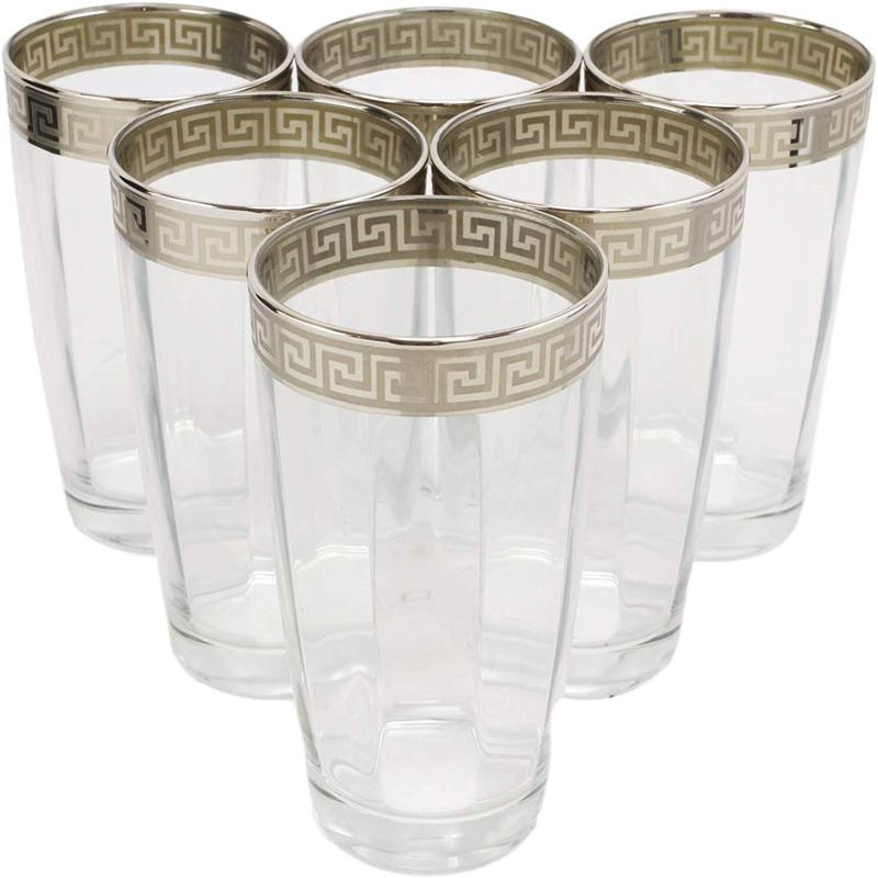 Ebros Silver Accented Meander Greek Fret Key Rim 16oz Highball Glass Set of 6