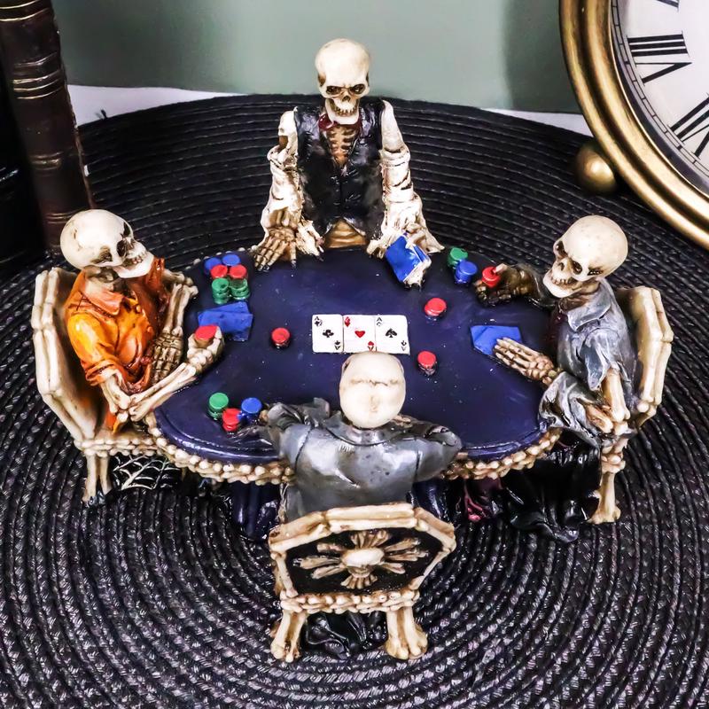 Ebros Skeleton Gamblers For Life Statue 6.25"Long Three Poker Players With A Dealer On A Gambling Den Table Decorative Sculpture