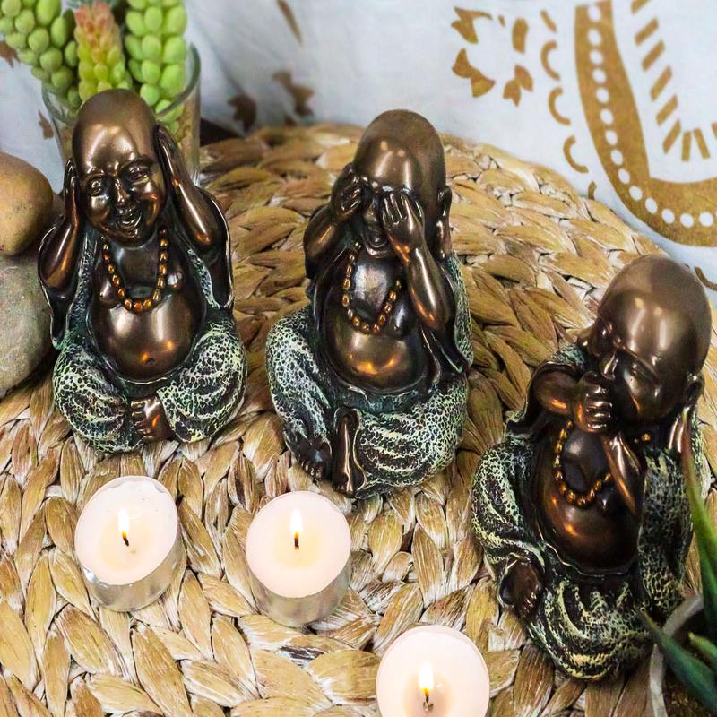 Ebros Small Charm Wise See Hear Speak No Evil Lucky Buddha Statues 4"Tall Bodhisattva Eastern Enlightenment Hotei Figurines