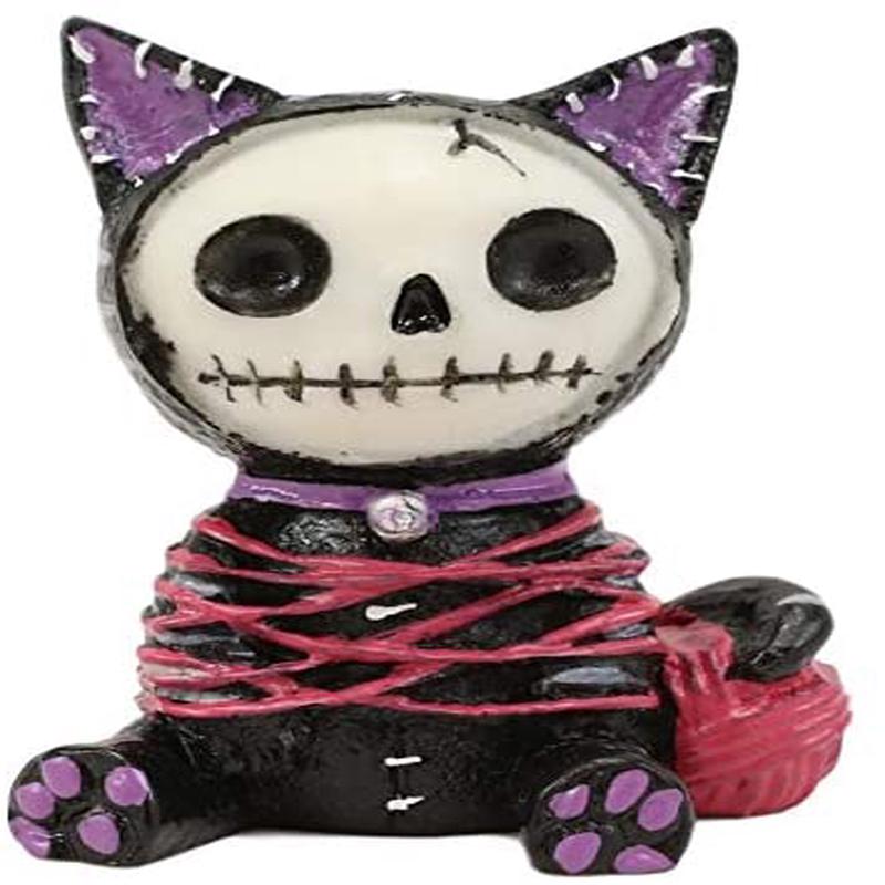 Ebros Small Furry Bones Voodoo Mao Cat in Yarn Bondage Skeleton Figurine 2.25" H