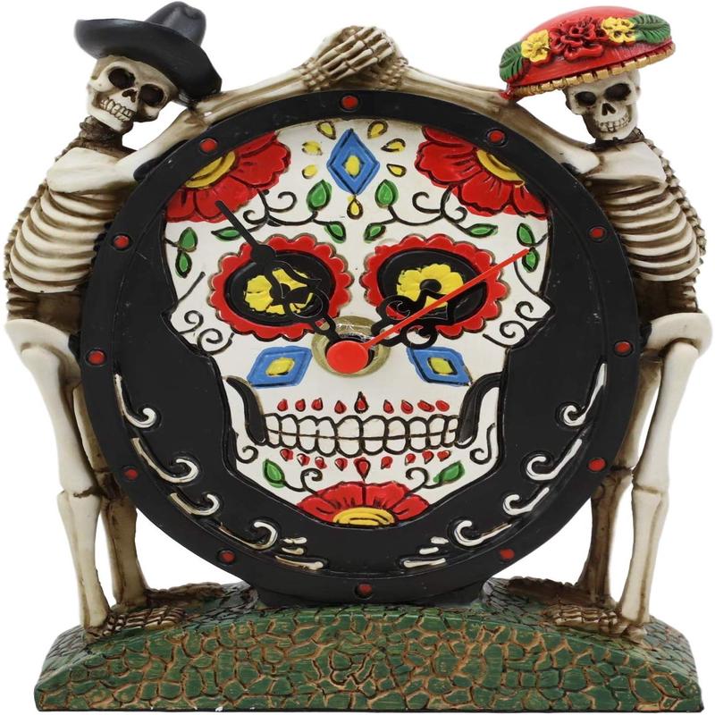 Ebros Sugar Skull Skeleton Latino Couple Desktop Table Clock Statue 6.25" Tall