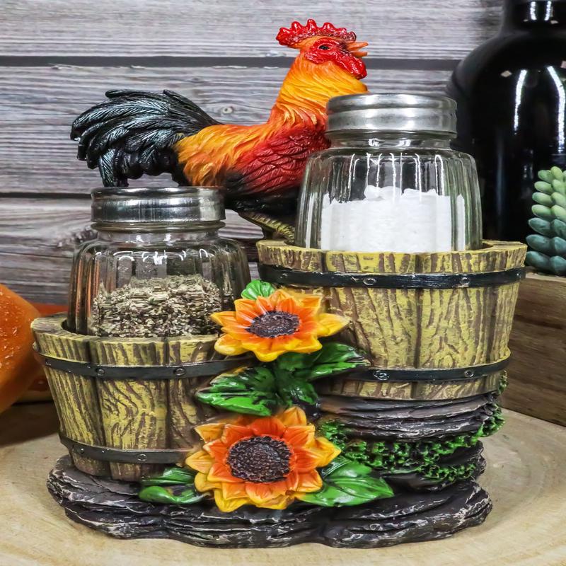 Ebros Sunflower Farm Crowing Rooster Standing On Fence By Old Fashioned Wooden Buckets Glass Salt And Pepper Shakers Holder Figurine 6.5"H Chicken Country Western Decorative Sculpture