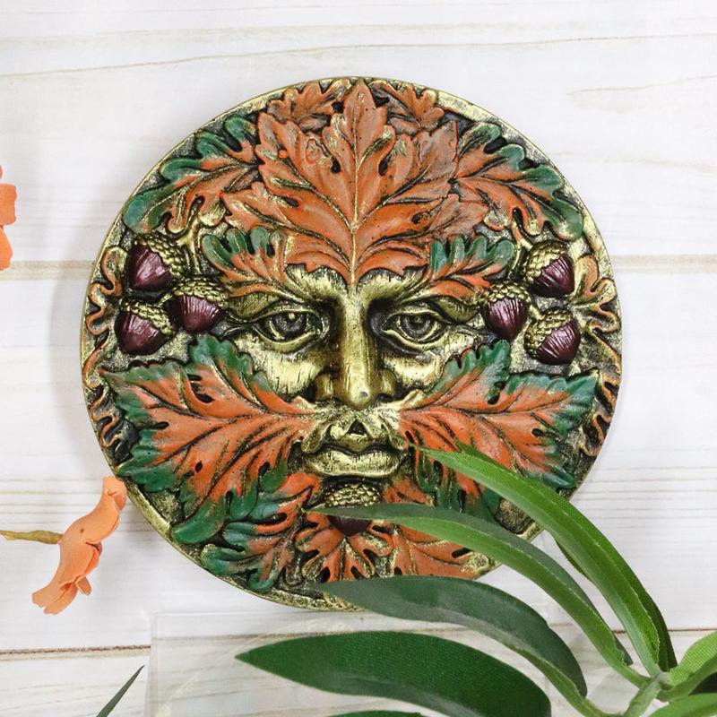 Ebros The Horned God Autumn Fall Season Round Greenman Wall Decor Plaque 5.25" Diameter Wiccan Face of Pan Deity Decorative Sculpture