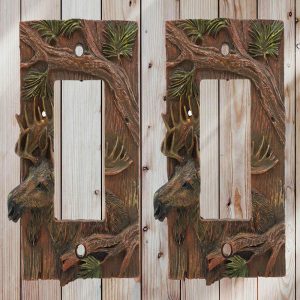 Rustic Western Pine Stag Elk Moose Single Gang Rocker Switch Plate Cover Set 2pc