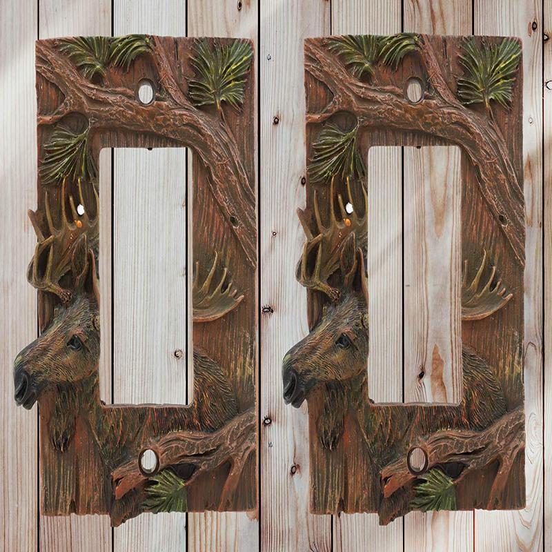 Rustic Western Pine Stag Elk Moose Single Gang Rocker Switch Plate Cover Set 2pc