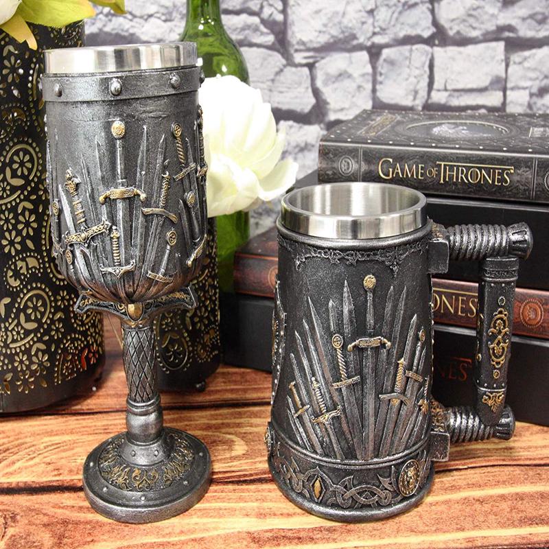 Set of 2 Medieval Dragons Iron Throne Of Valyrian Steel Swords Wine Goblet & Mug