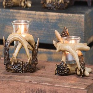 Set Of 2 Wildlife Rustic Buck Deer Stag Entwined Antlers Votive Candle Holders
