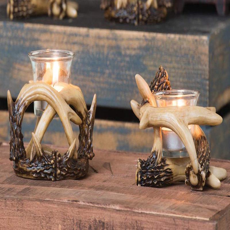 Set Of 2 Wildlife Rustic Buck Deer Stag Entwined Antlers Votive Candle Holders