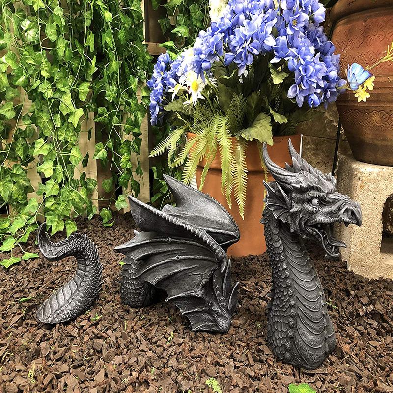 Swimming Castle Moat Dragon Lawn Garden Centerpiece Statue 3 Piece 21"L Total