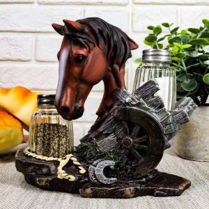 Ebros Chestnut Horse by Wagon Wheel Salt Pepper Shakers Holder Set 6.25" H