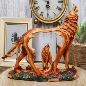 Ebros Howling Gray Alpha Wolf Figurine in Faux Wood Finish Home Decor Sculpture