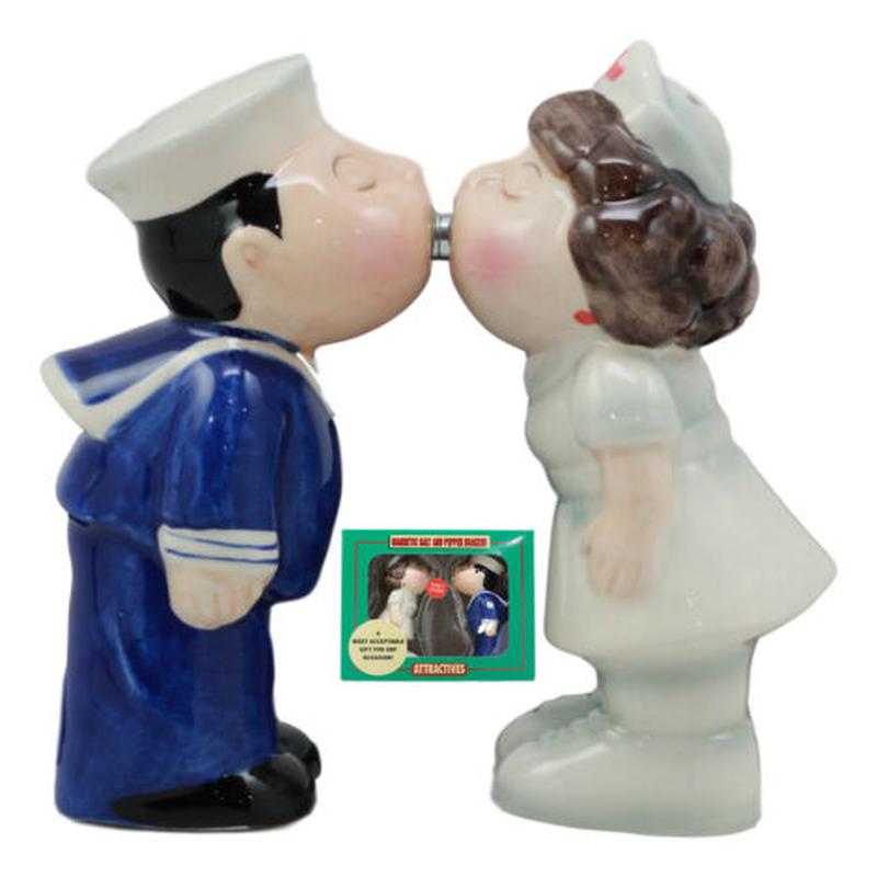 Ebros Sailor Kissing Nurse Salt And Pepper Shakers Set Ceramic Tabletop Decor