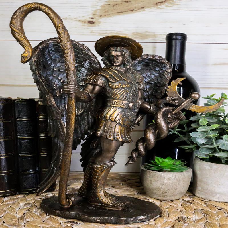 Ebros Saint Raphael The Archangel Holding Healing Staff Statue 13"H Catholic Saint Decorative Figurine