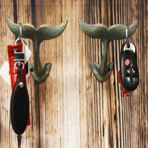Ebros Set of 2 Cast Iron Nautical Baleen Blue Whale Tail Wall Hooks in Verdi Blue and Gold Metallic Color 5" Wide Hanger