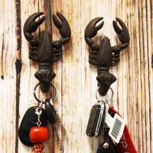 Ebros Set of 2 Cast Iron Nautical Cajun Creole Crawfish Baby Lobster Tail Wall Hooks in Rusty Vintage Finish 4.75" Tall Coastal Southwestern